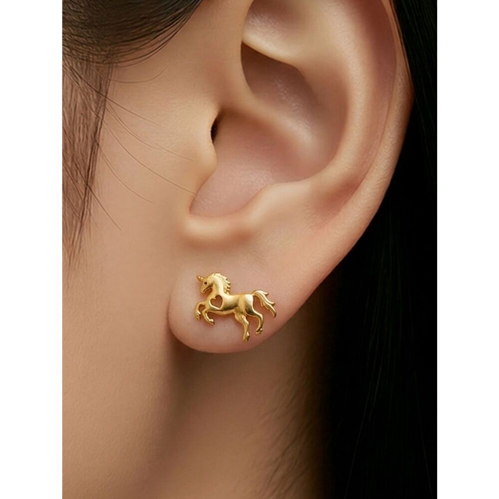 Gold Unicorn Stud Earrings Tiny Stainless Steel Heart Cutout Dainty Whimsical